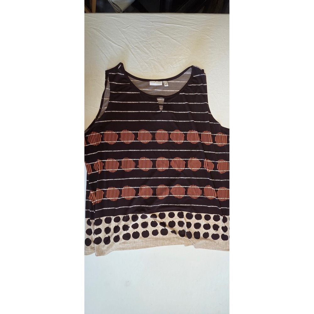 Susan Graver Tank Top Womens 2X Brown Geometric Dot Stripe Excellent Sleeveless